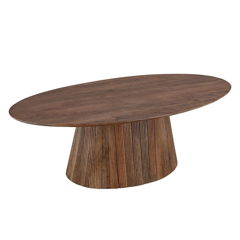 Moderner Couchtisch aus braunem Holz im Mid-Century-Stil mit geriffeltem Sockel – Wohnzimmermöbel