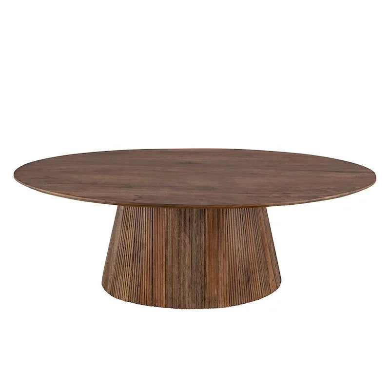 Moderner Couchtisch aus braunem Holz im Mid-Century-Stil mit geriffeltem Sockel – Wohnzimmermöbel