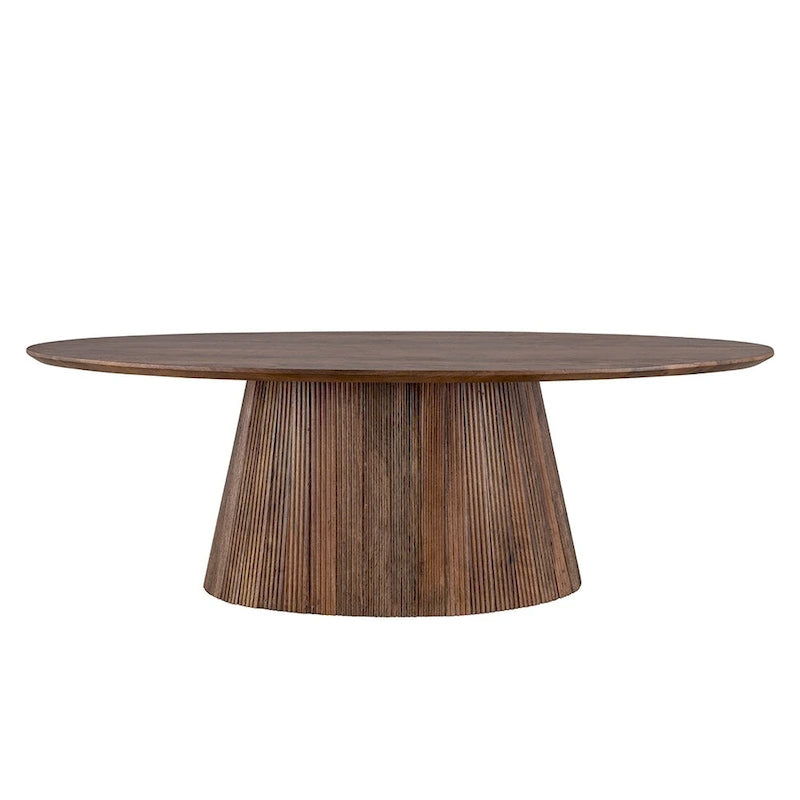Moderner Couchtisch aus braunem Holz im Mid-Century-Stil mit geriffeltem Sockel – Wohnzimmermöbel