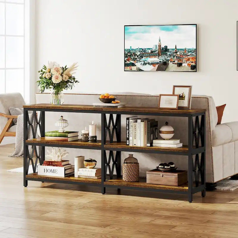 Mesa consola de 3 niveles, mesa industrial para sofá de 70.9 pulgadas, mesa larga para recibidor y entrada