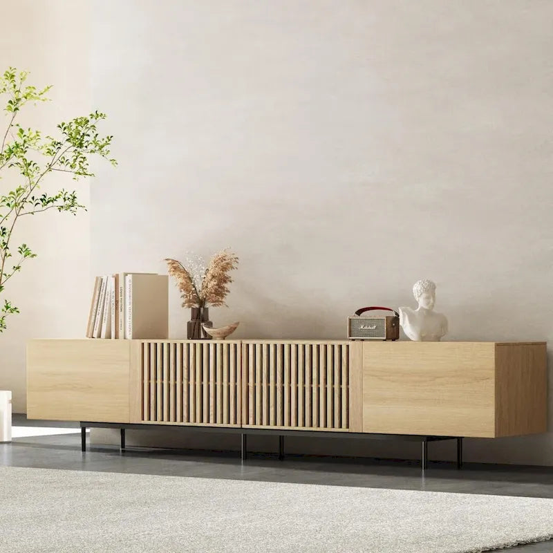 Stylish mid-century modern TV stand for up to 80 TVs. Ample storage for media devices, cable management. easy assembly.