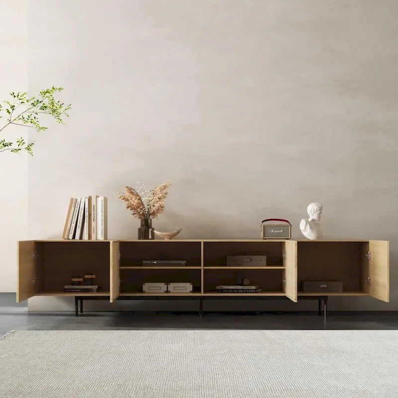 Stylish mid-century modern TV stand for up to 80 TVs. Ample storage for media devices, cable management. easy assembly.
