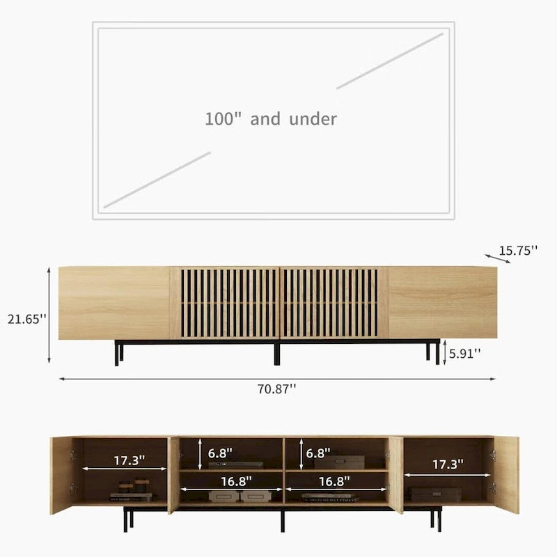 Stylish mid-century modern TV stand for up to 80 TVs. Ample storage for media devices, cable management. easy assembly.