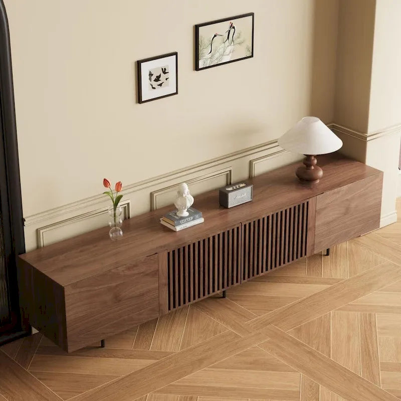 Stylish mid-century modern TV stand for up to 80 TVs. Ample storage for media devices, cable management. easy assembly.