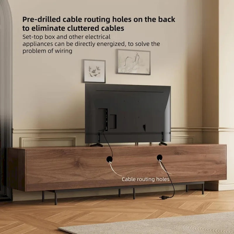 Stylish mid-century modern TV stand for up to 80 TVs. Ample storage for media devices, cable management. easy assembly.