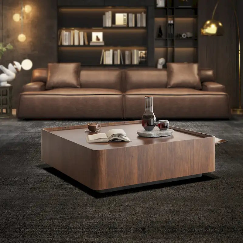 Table basse carrée moderne en bois au style moderne du milieu du siècle avec tiroirs