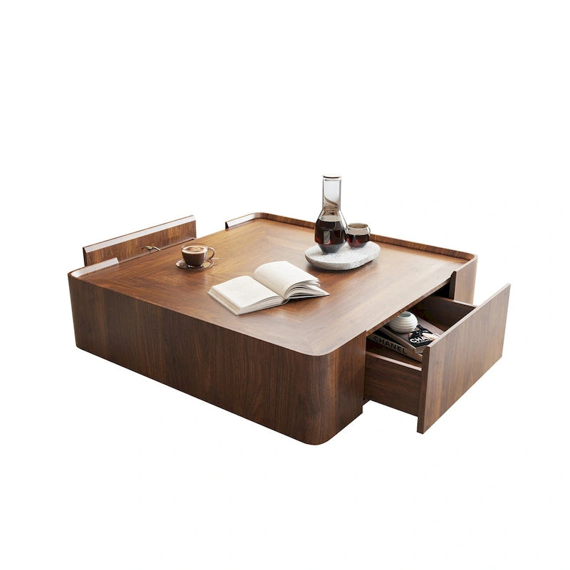 Table basse carrée moderne en bois au style moderne du milieu du siècle avec tiroirs