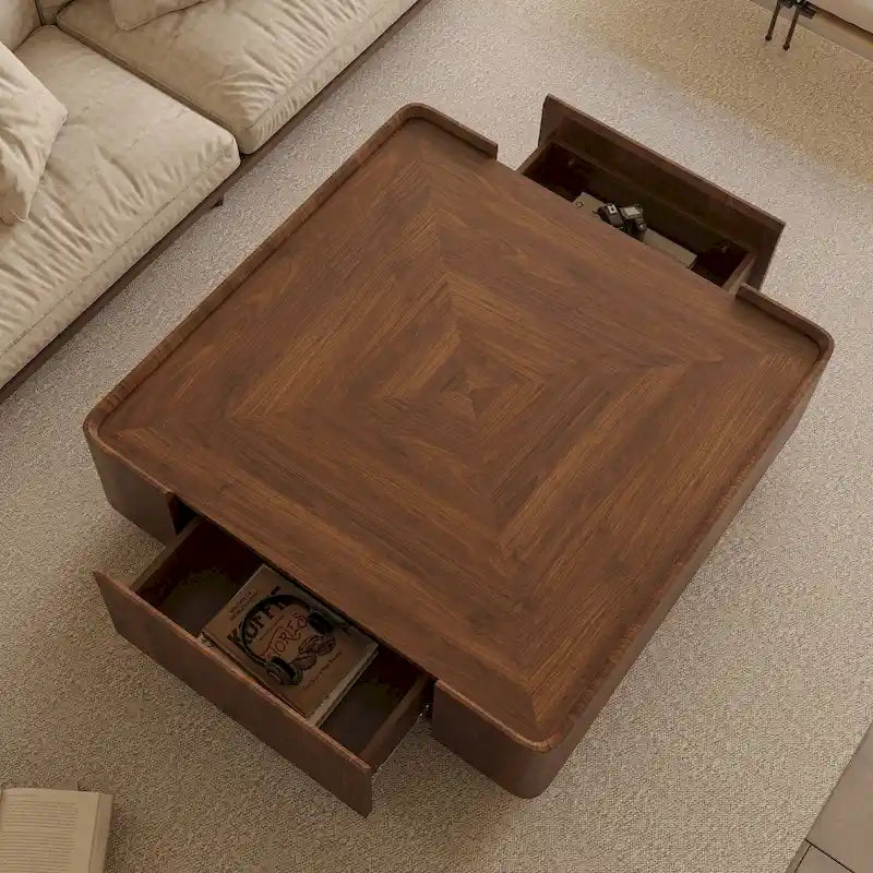 Table basse carrée moderne en bois au style moderne du milieu du siècle avec tiroirs
