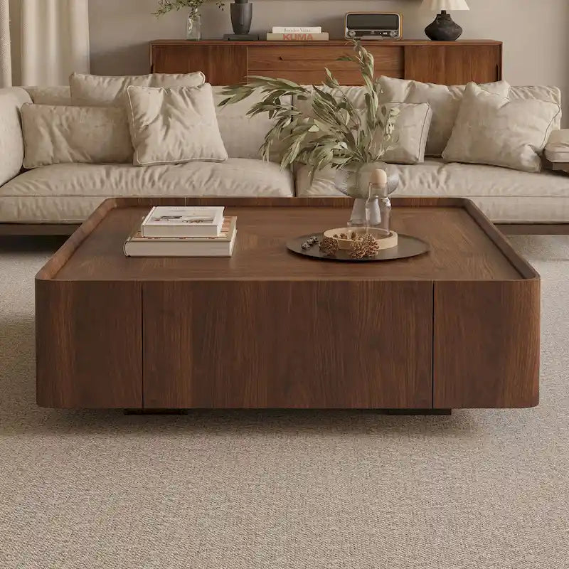 Table basse carrée moderne en bois au style moderne du milieu du siècle avec tiroirs