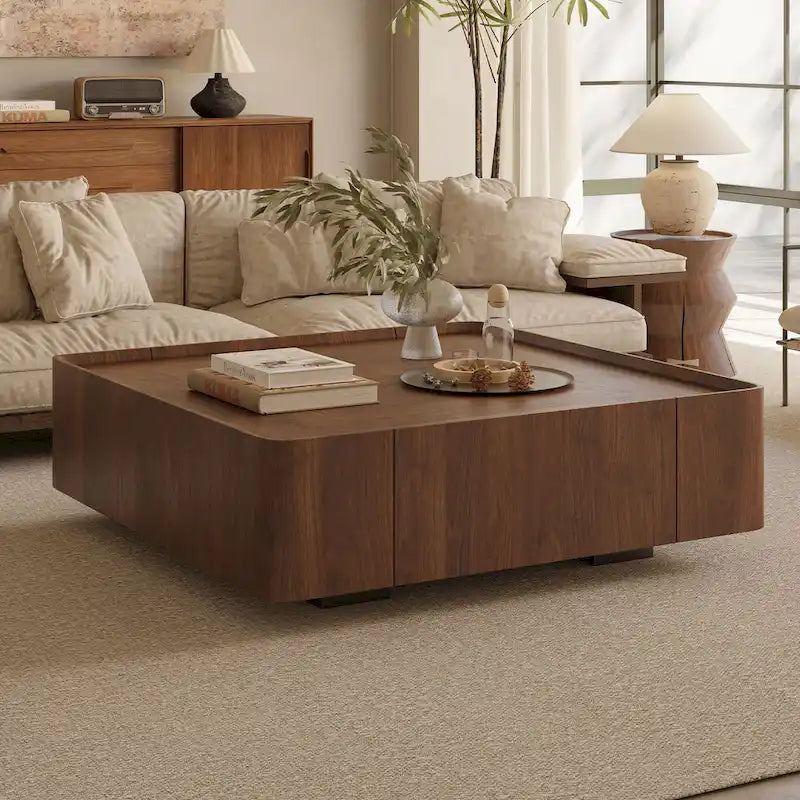 Table basse carrée moderne en bois au style moderne du milieu du siècle avec tiroirs