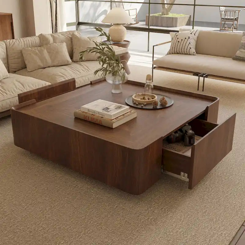 Table basse carrée moderne en bois au style moderne du milieu du siècle avec tiroirs