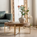31.29 Zoll runder Couchtisch mit ineinandergreifendem Design, Tischplatte aus Tannenholz und goldfarbenem Kreuzfuß