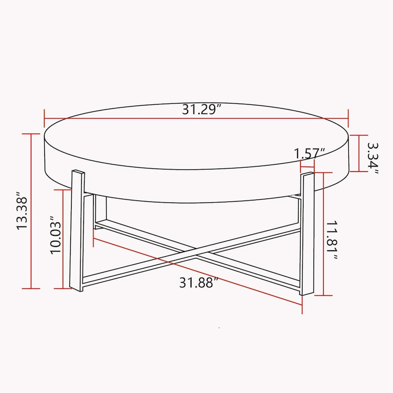 31.29 Zoll runder Couchtisch mit ineinandergreifendem Design, Tischplatte aus Tannenholz und goldfarbenem Kreuzfuß