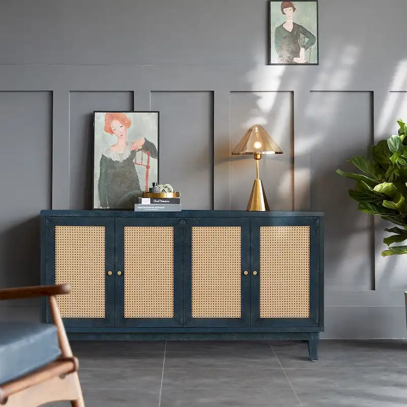 Roomfitters handgefertigtes Premium-Maserungs-Paneel, Rattan-Sideboard und Buffettschrank, Akzent-Aufbewahrungsschrank, Marineblau – N/A