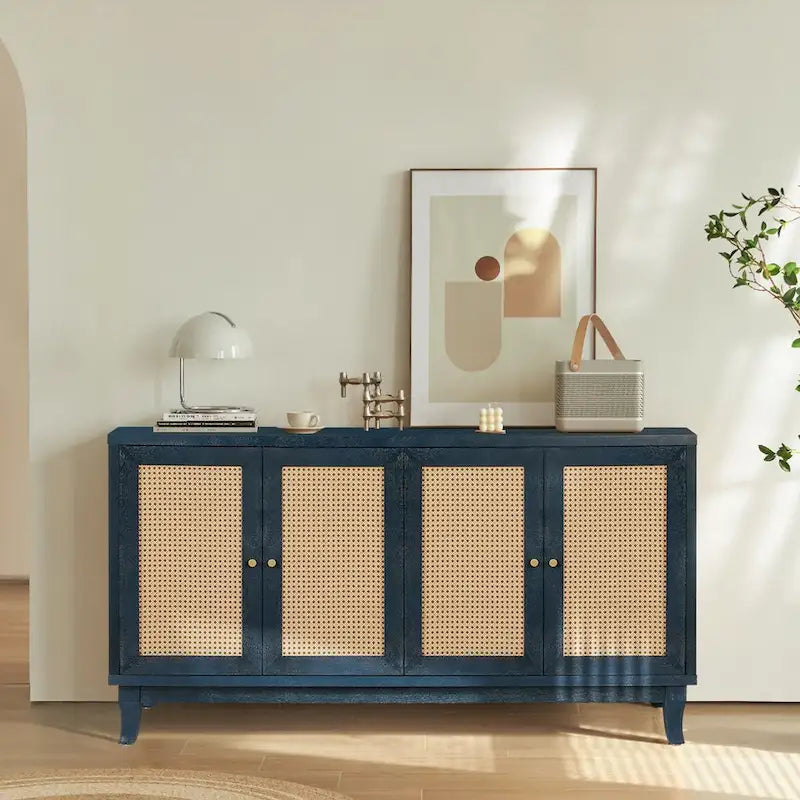 Roomfitters handgefertigtes Premium-Maserungs-Paneel, Rattan-Sideboard und Buffettschrank, Akzent-Aufbewahrungsschrank, Marineblau – N/A