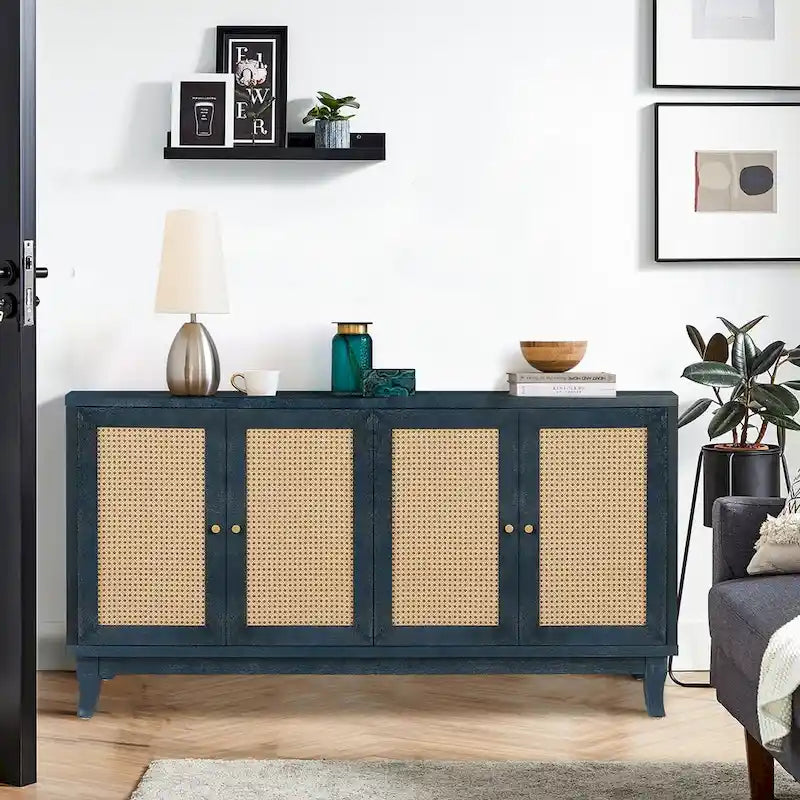 Roomfitters handgefertigtes Premium-Maserungs-Paneel, Rattan-Sideboard und Buffettschrank, Akzent-Aufbewahrungsschrank, Marineblau – N/A