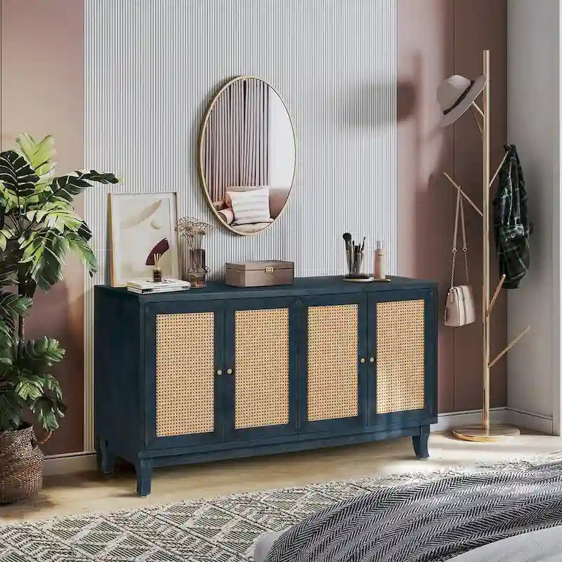Roomfitters handgefertigtes Premium-Maserungs-Paneel, Rattan-Sideboard und Buffettschrank, Akzent-Aufbewahrungsschrank, Marineblau – N/A