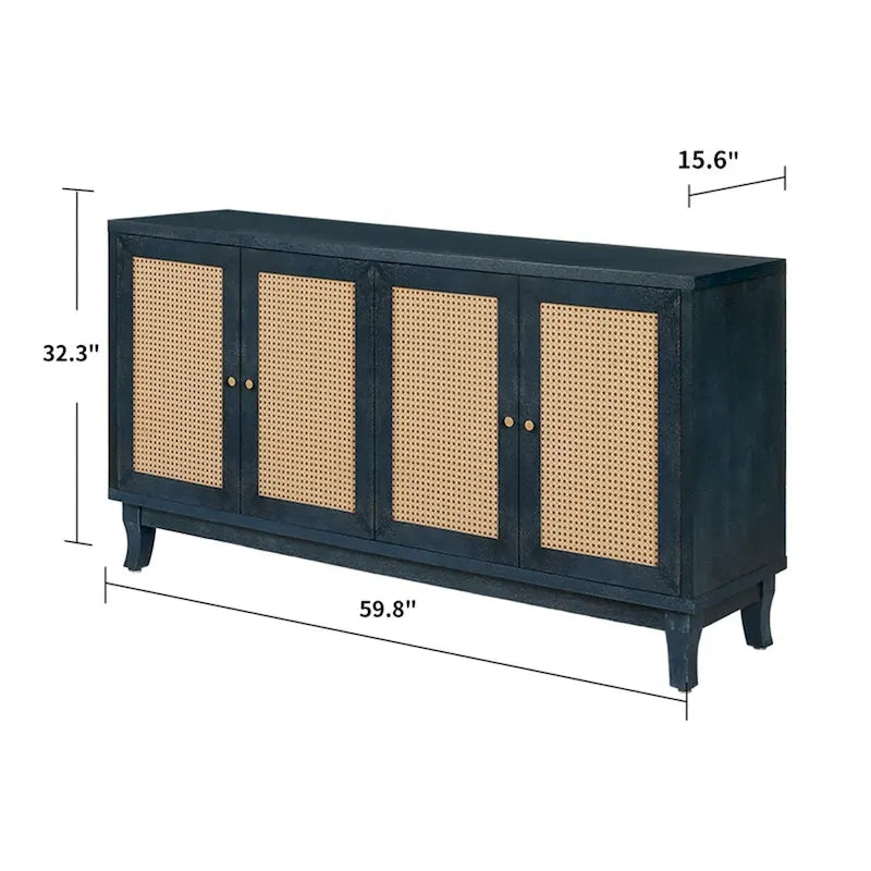 Roomfitters handgefertigtes Premium-Maserungs-Paneel, Rattan-Sideboard und Buffettschrank, Akzent-Aufbewahrungsschrank, Marineblau – N/A