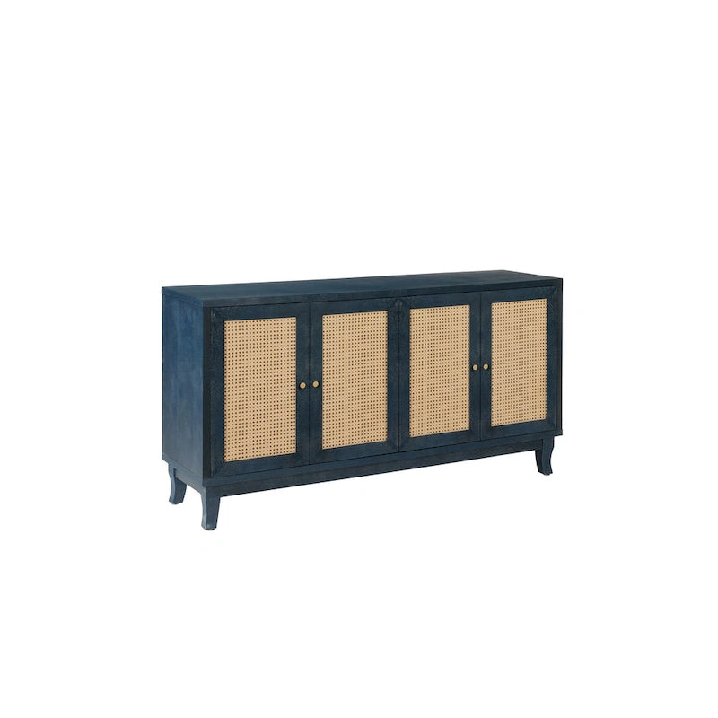 Roomfitters handgefertigtes Premium-Maserungs-Paneel, Rattan-Sideboard und Buffettschrank, Akzent-Aufbewahrungsschrank, Marineblau – N/A