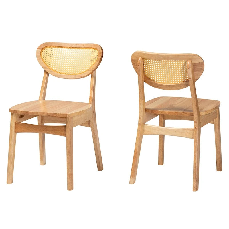 Nenet Esszimmerstuhl-Set aus 2 Stühlen im Mid-Century-Modern-Stil, Eichenholz mit brauner Oberfläche und Rattan