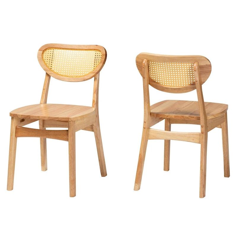 Nenet Esszimmerstuhl-Set aus 2 Stühlen im Mid-Century-Modern-Stil, Eichenholz mit brauner Oberfläche und Rattan