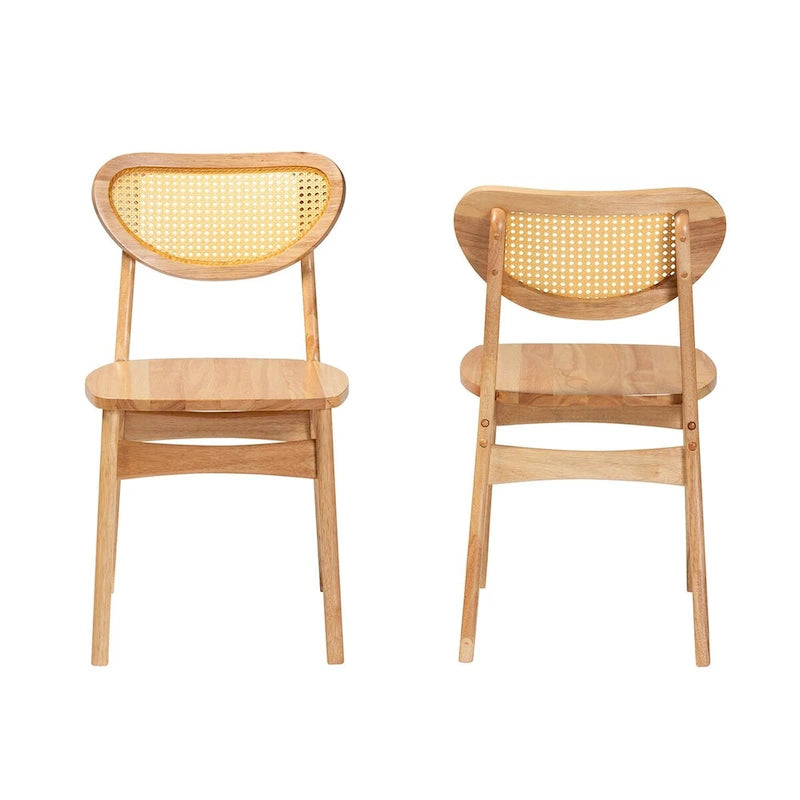Nenet Esszimmerstuhl-Set aus 2 Stühlen im Mid-Century-Modern-Stil, Eichenholz mit brauner Oberfläche und Rattan