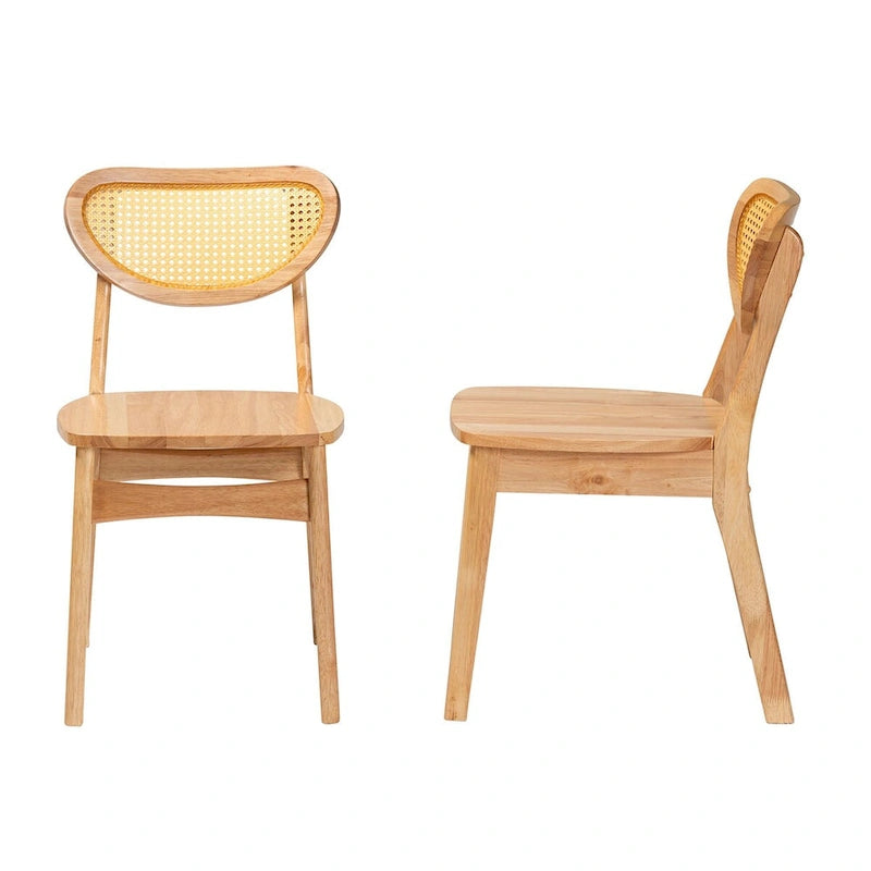 Nenet Esszimmerstuhl-Set aus 2 Stühlen im Mid-Century-Modern-Stil, Eichenholz mit brauner Oberfläche und Rattan