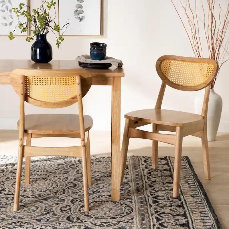 Nenet Esszimmerstuhl-Set aus 2 Stühlen im Mid-Century-Modern-Stil, Eichenholz mit brauner Oberfläche und Rattan