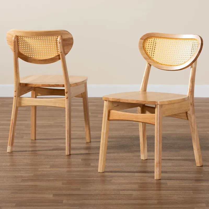 Nenet Esszimmerstuhl-Set aus 2 Stühlen im Mid-Century-Modern-Stil, Eichenholz mit brauner Oberfläche und Rattan