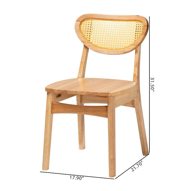 Nenet Esszimmerstuhl-Set aus 2 Stühlen im Mid-Century-Modern-Stil, Eichenholz mit brauner Oberfläche und Rattan