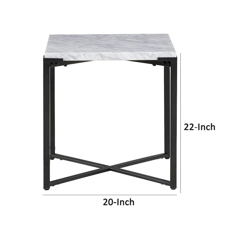 Moderne bijzettafel van 20 inch, met Carrara-marmeren blad, stalen frame, glad grijs