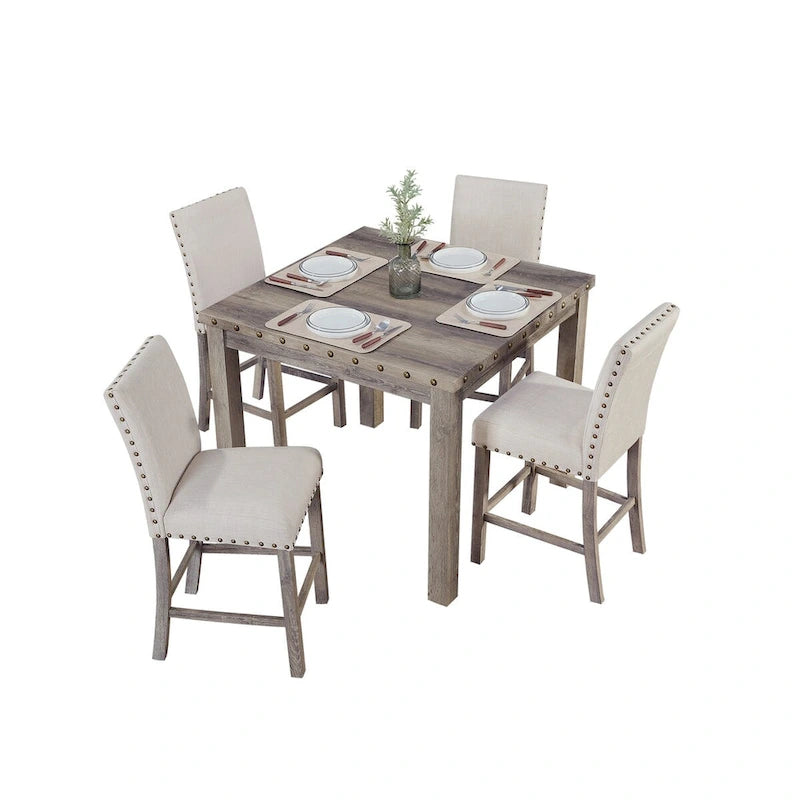 Ensemble de table de bar carré de style ferme Morden Fort de 5 pièces, avec 4 tabourets de comptoir rembourrés