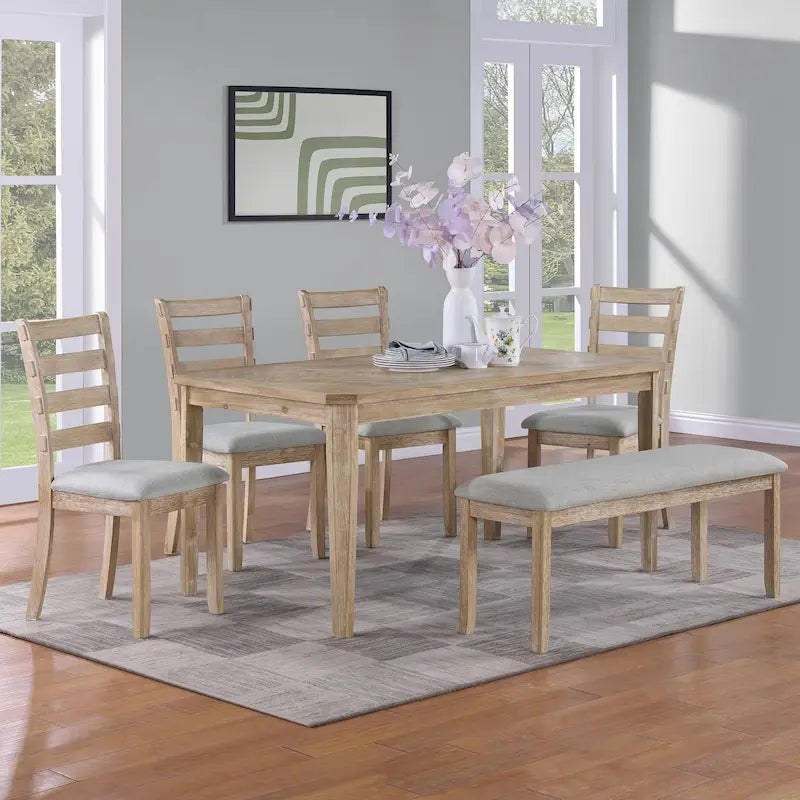 Minimalist 6-Piece Oak 60 Length Dining Set(1 Dining Table+4 UpholsteredChairs+1 Bench)