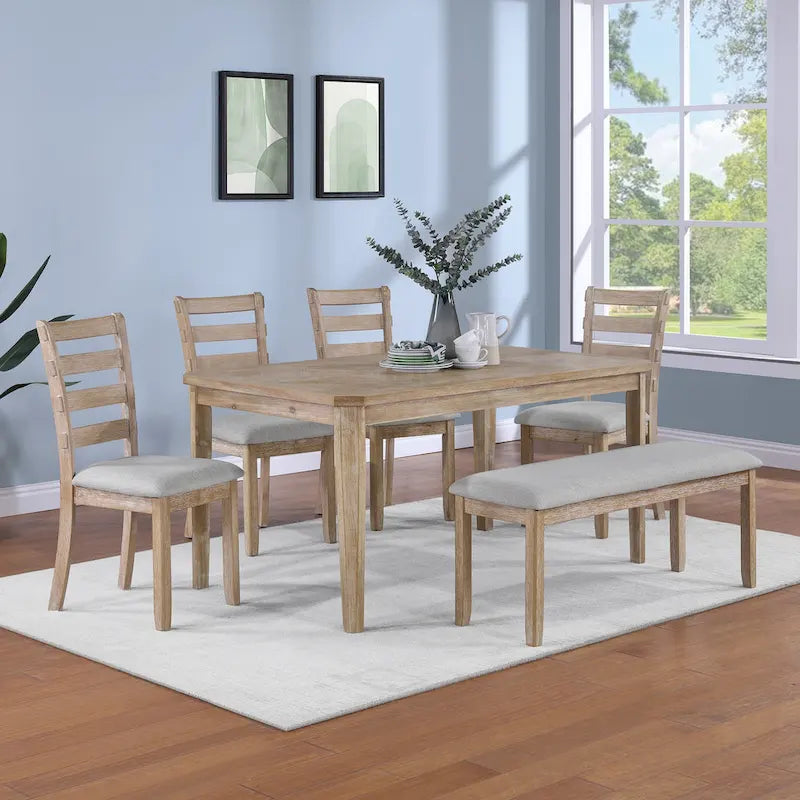 Minimalist 6-Piece Oak 60 Length Dining Set(1 Dining Table+4 UpholsteredChairs+1 Bench)