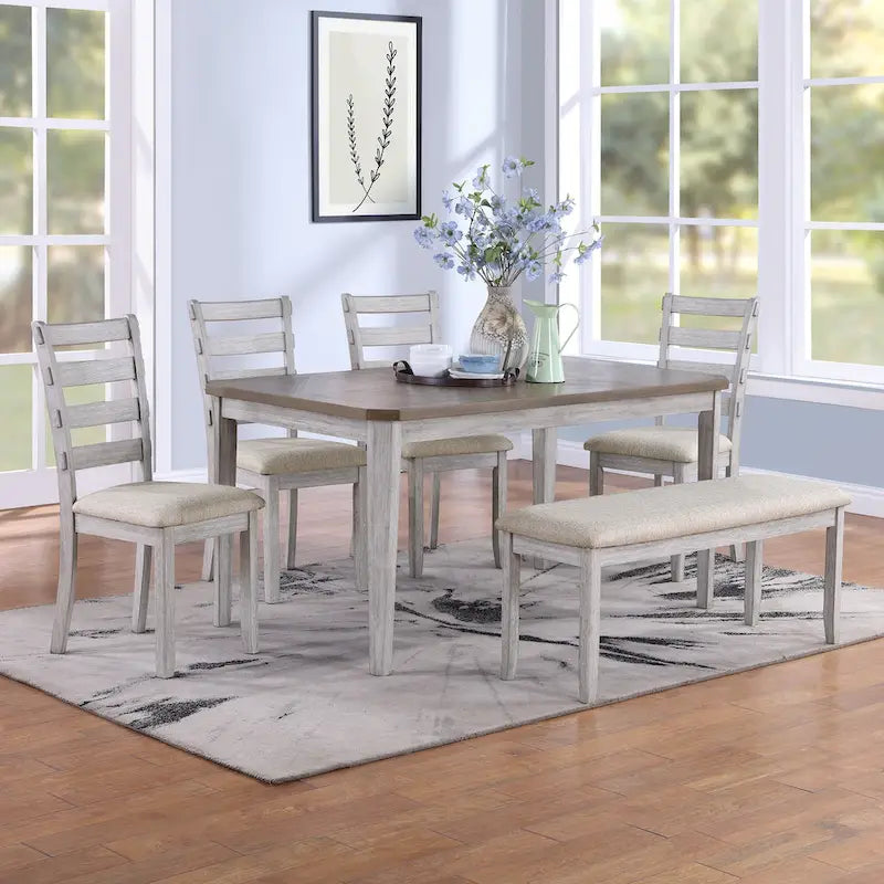 Minimalist 6-Piece Oak 60 Length Dining Set(1 Dining Table+4 UpholsteredChairs+1 Bench)