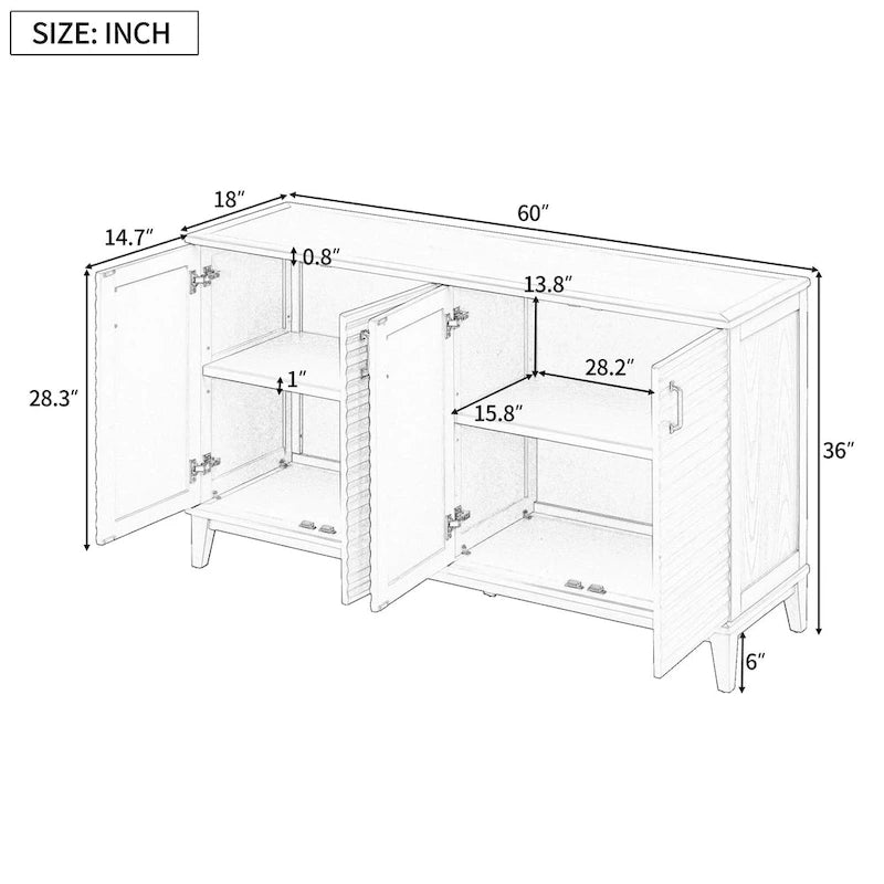 Buffet moderne à 4 portes avec grand espace de rangement, étagères réglables et poignées en métal