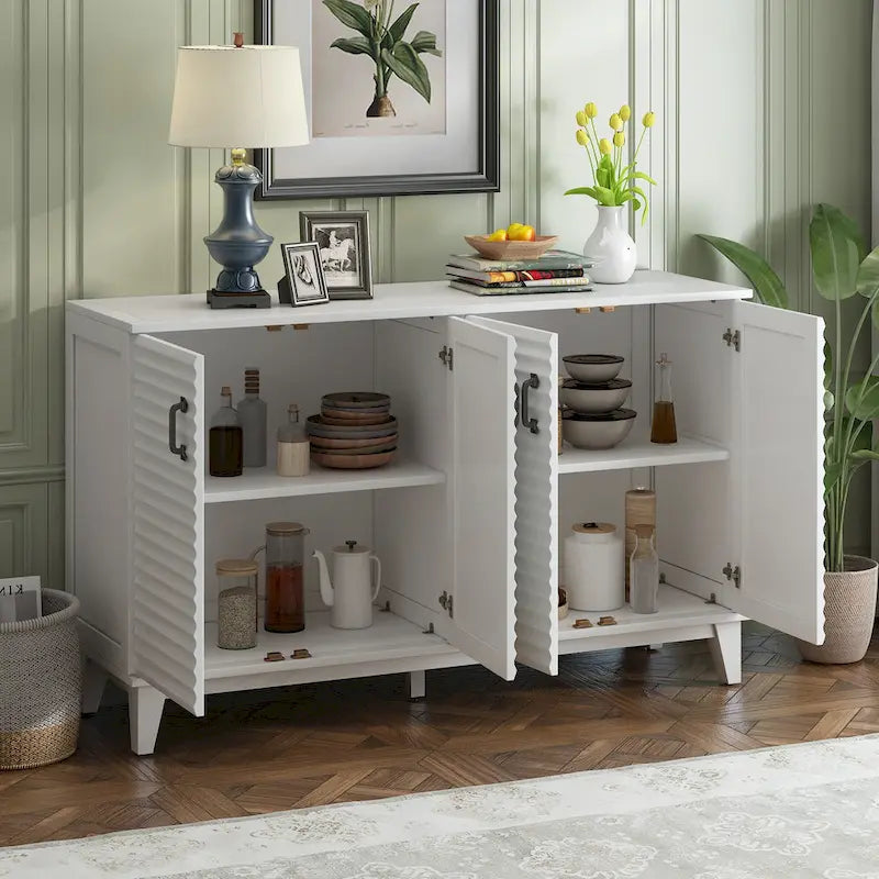Buffet moderne à 4 portes avec grand espace de rangement, étagères réglables et poignées en métal