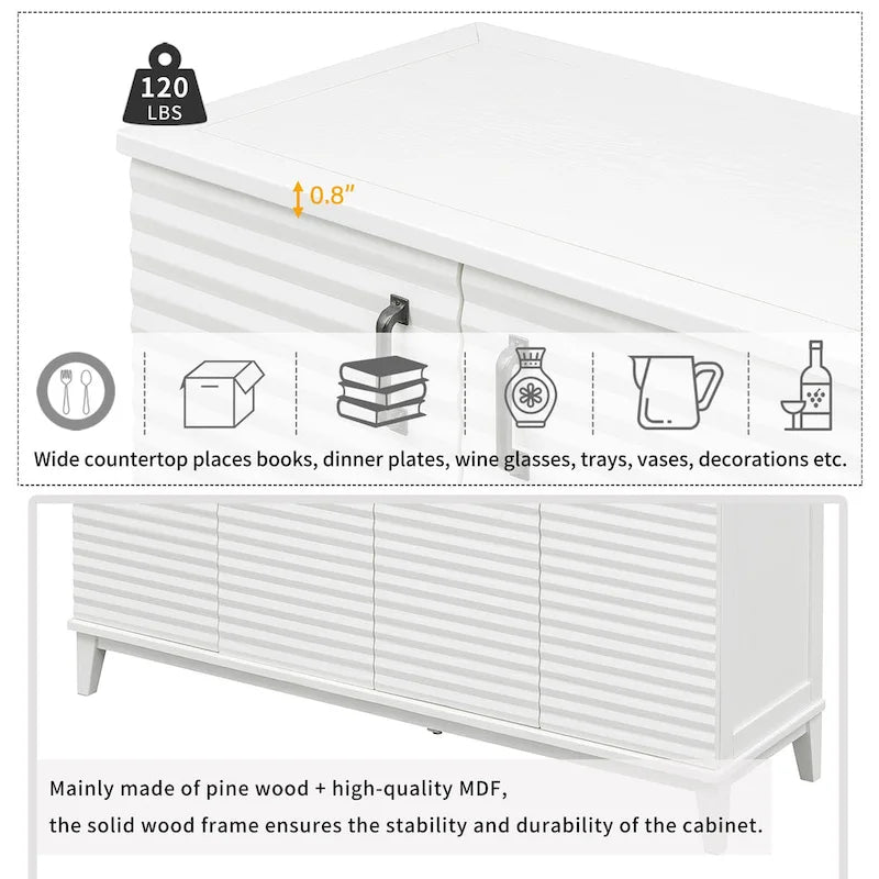 Buffet moderne à 4 portes avec grand espace de rangement, étagères réglables et poignées en métal
