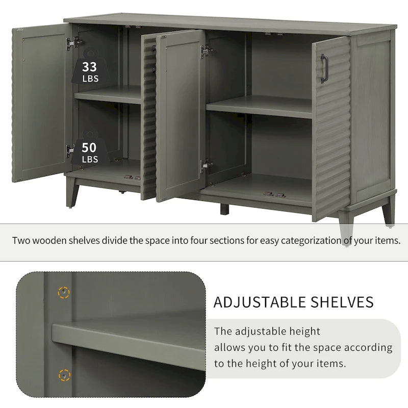 Buffet moderne à 4 portes avec grand espace de rangement, étagères réglables et poignées en métal