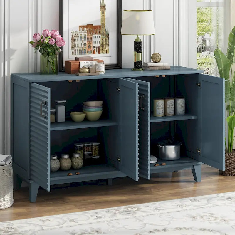 Buffet moderne à 4 portes avec grand espace de rangement, étagères réglables et poignées en métal