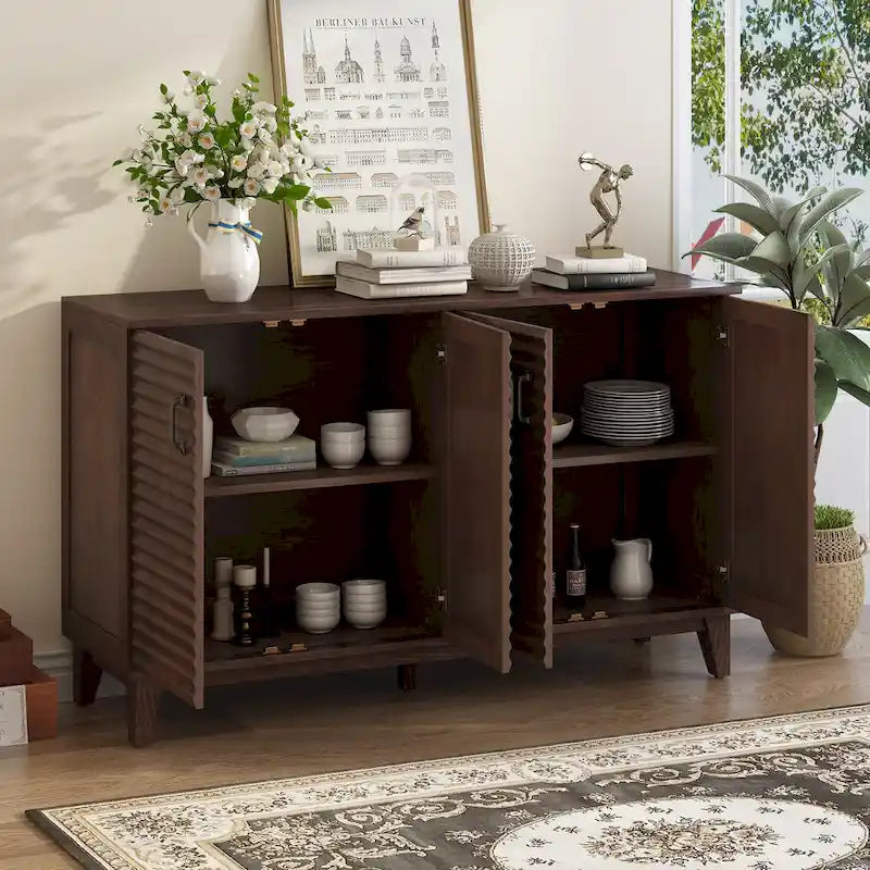 Buffet moderne à 4 portes avec grand espace de rangement, étagères réglables et poignées en métal