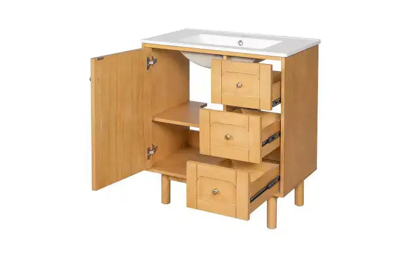 JVNOXK 30-inch Rustic Modern Ceramic Vanity Cabinet with 3 Drawers and 1 Large Soft-Close Door, Storage Cabinet, Natural Wood Grain