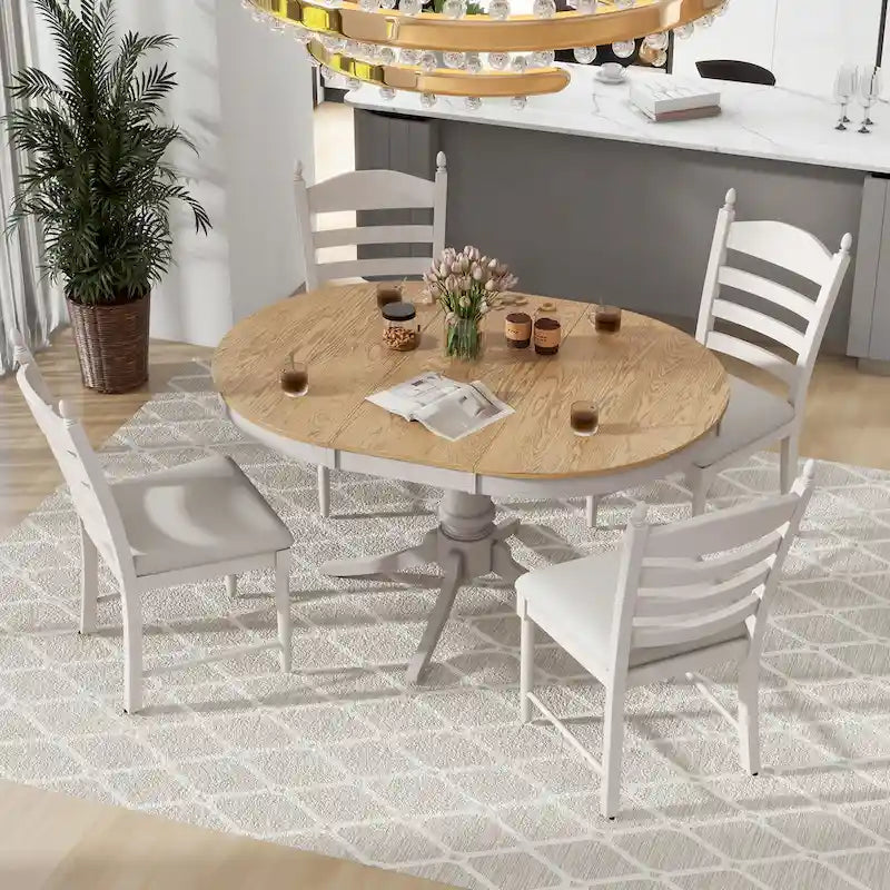 5-teiliges Esstischset: runder ausziehbarer Esstisch und 4 Stühle