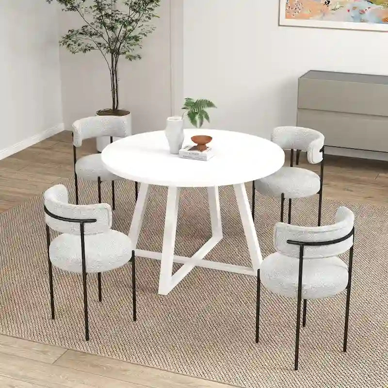 Roundhill Durban 5-teiliges rundes Esszimmerset, Bock-Esszimmertisch mit 4 Bouclé-Stühlen