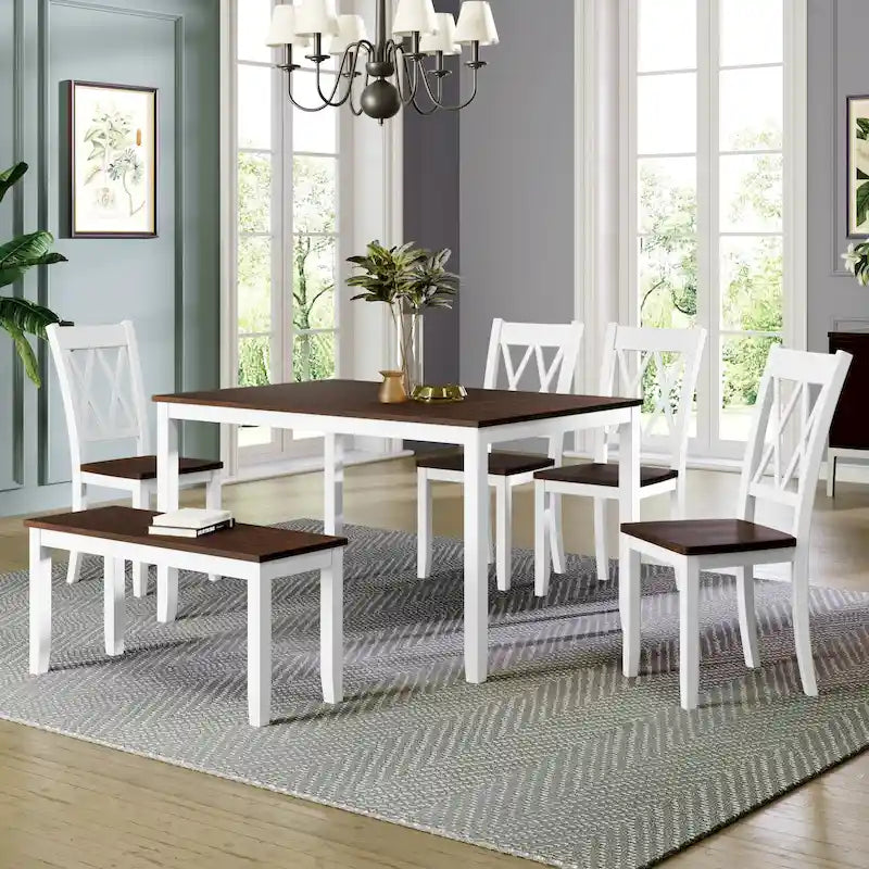 Juego de comedor de madera de 6 piezas con respaldo cruzado, 4 sillas y banco