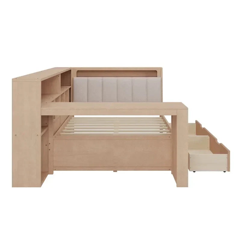L-förmiges Holz-Sofa-Tagesbett mit Schreibtisch, Bücherregal-Schrank, Eckbett mit Schubladen unter dem Bett, gepolstertem Kopfteil und integrierter Beleuchtung