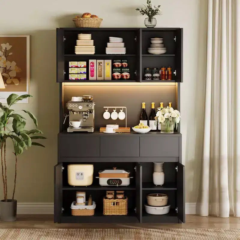 71 inch Kitchen Pantry Cabinet, Hutch Storage with Led Lights and Power Outlets, Buffet Cabinet with Microwave Stand, Adjustable Shelves