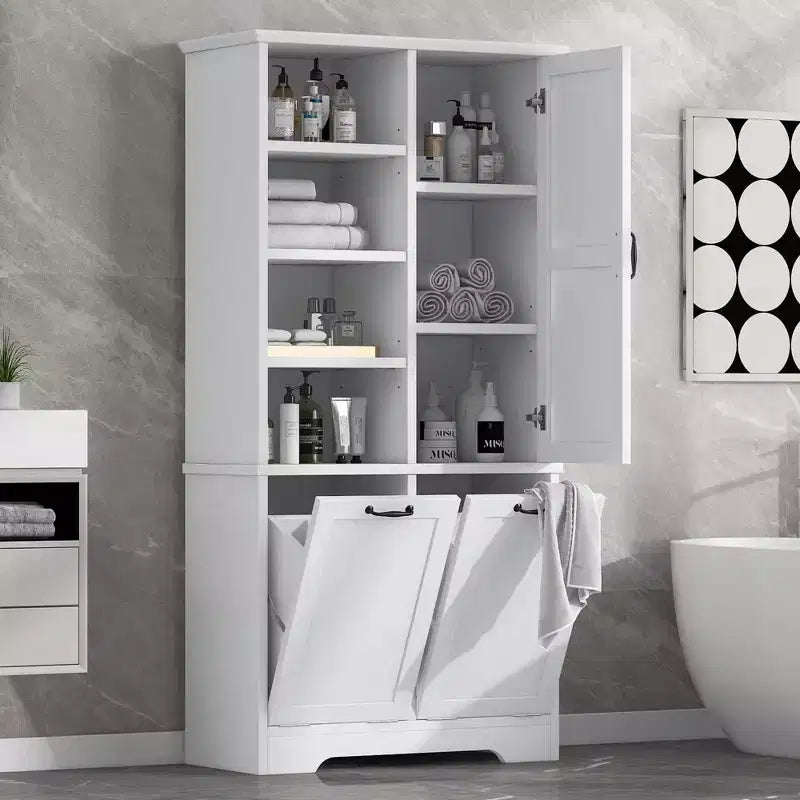 Mobiletto da bagno con ante e cassetti, portabiancheria ribaltabile, ampio spazio contenitivo, modello indipendente