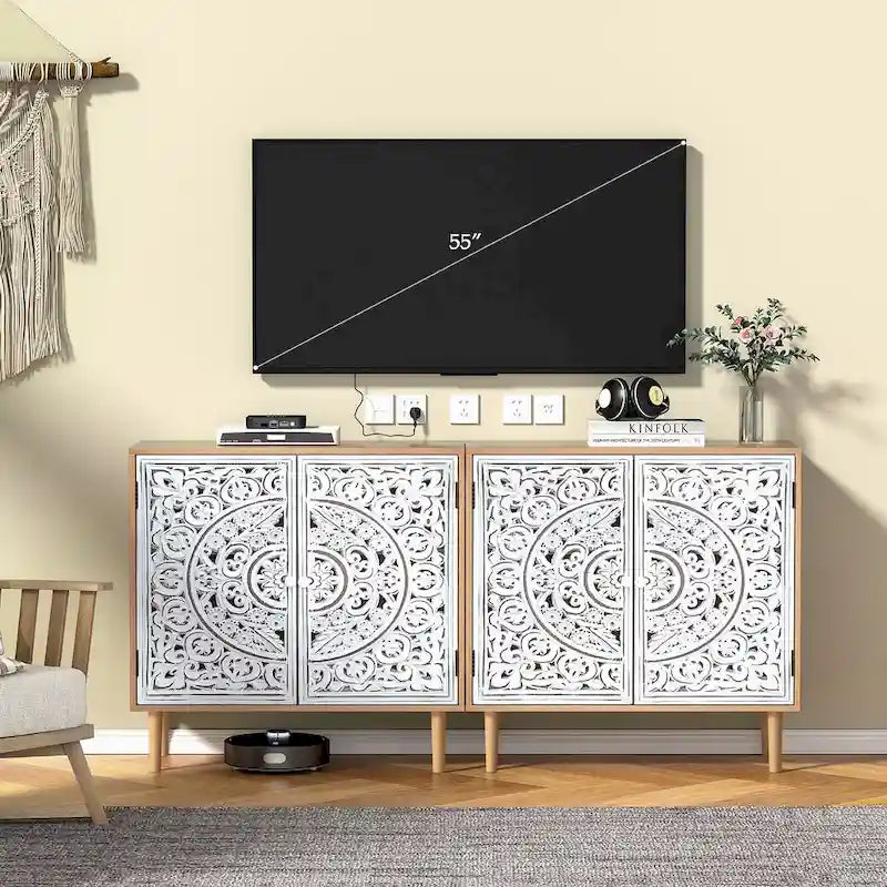 Anmytek Aufbewahrungsschrank mit 2 Türen, durchbrochen geschnitztem Holz, für Wohnzimmer – 31.5W x 13.78D x 30.71H