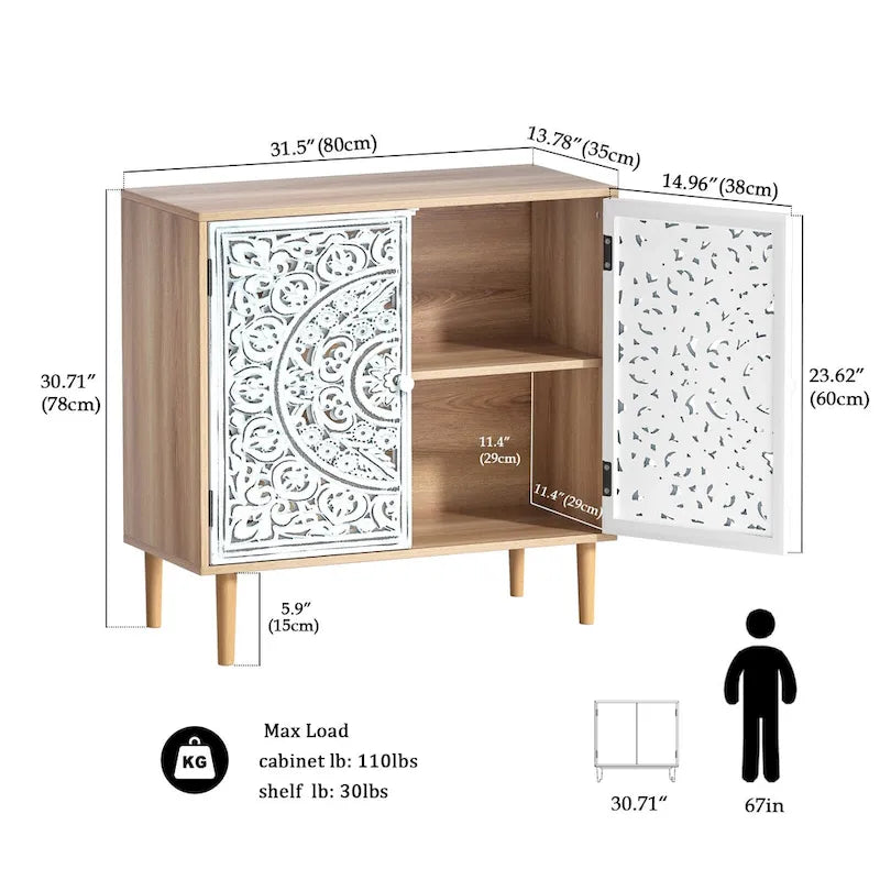 Anmytek Aufbewahrungsschrank mit 2 Türen, durchbrochen geschnitztem Holz, für Wohnzimmer – 31.5W x 13.78D x 30.71H